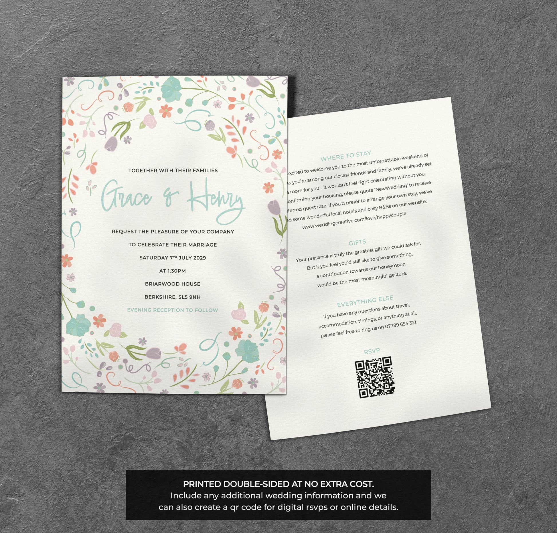 Pastel Floral Wedding Invitation – Whimsical Garden Design with Kraft Envelopes
