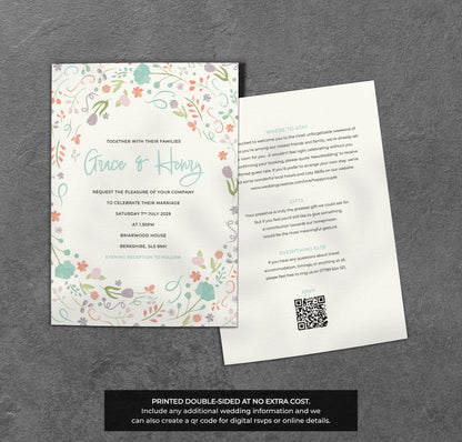 Pastel Floral Wedding Invitation – Whimsical Garden Design with Kraft Envelopes