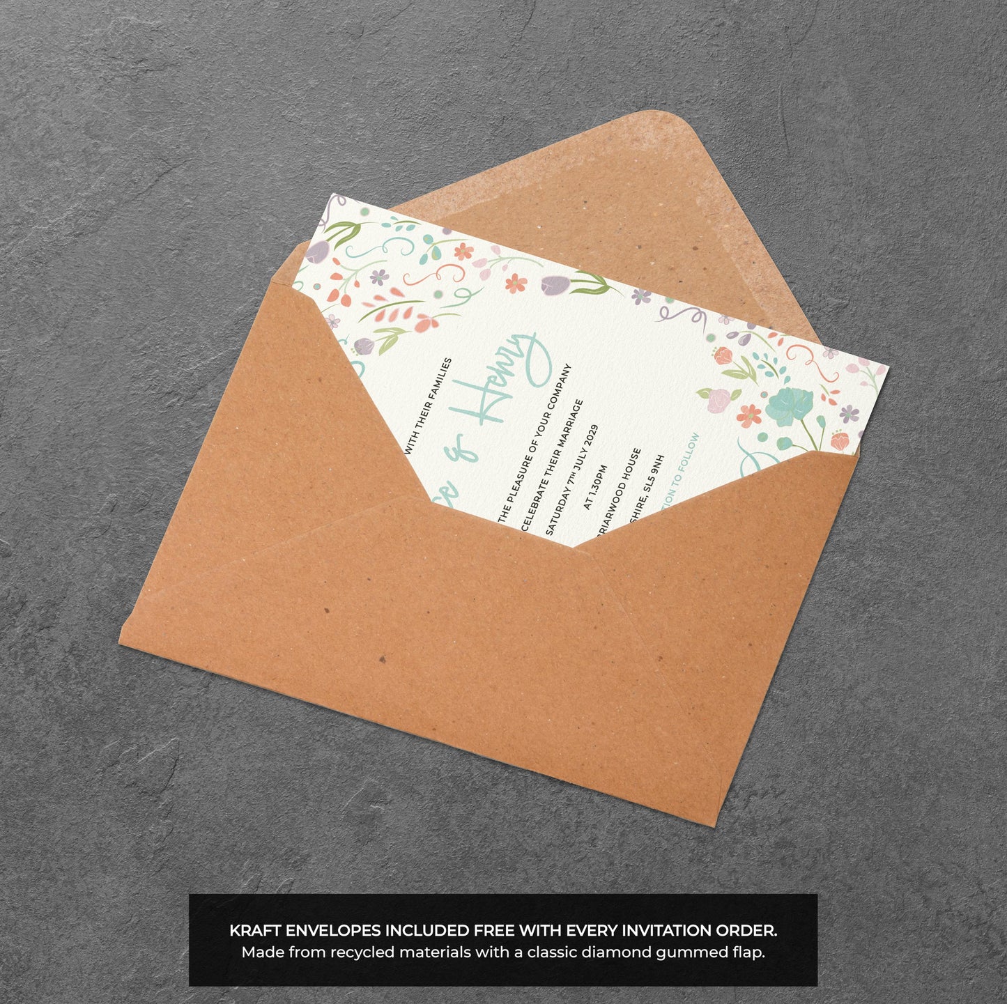 Pastel Floral Wedding Invitation – Whimsical Garden Design with Kraft Envelopes