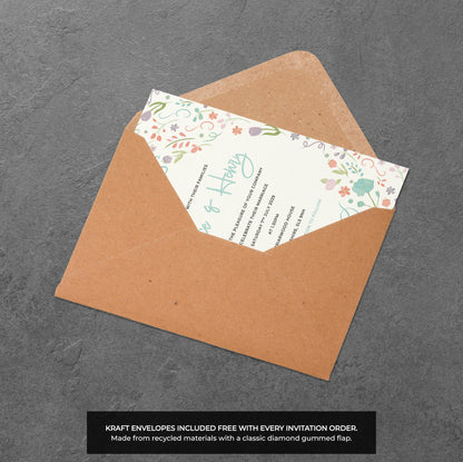 Pastel Floral Wedding Invitation – Whimsical Garden Design with Kraft Envelopes