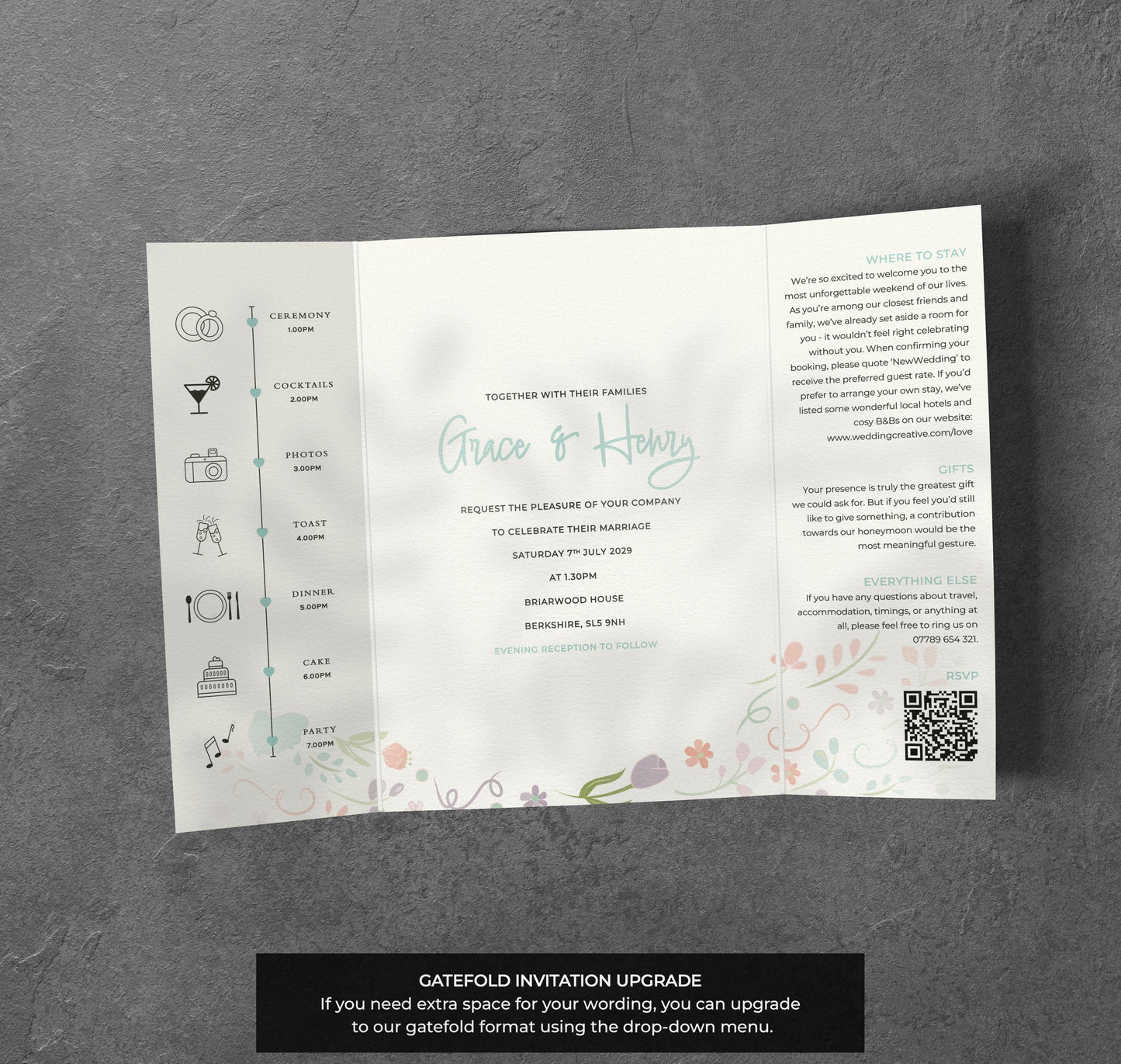 Pastel Floral Wedding Invitation – Whimsical Garden Design with Kraft Envelopes