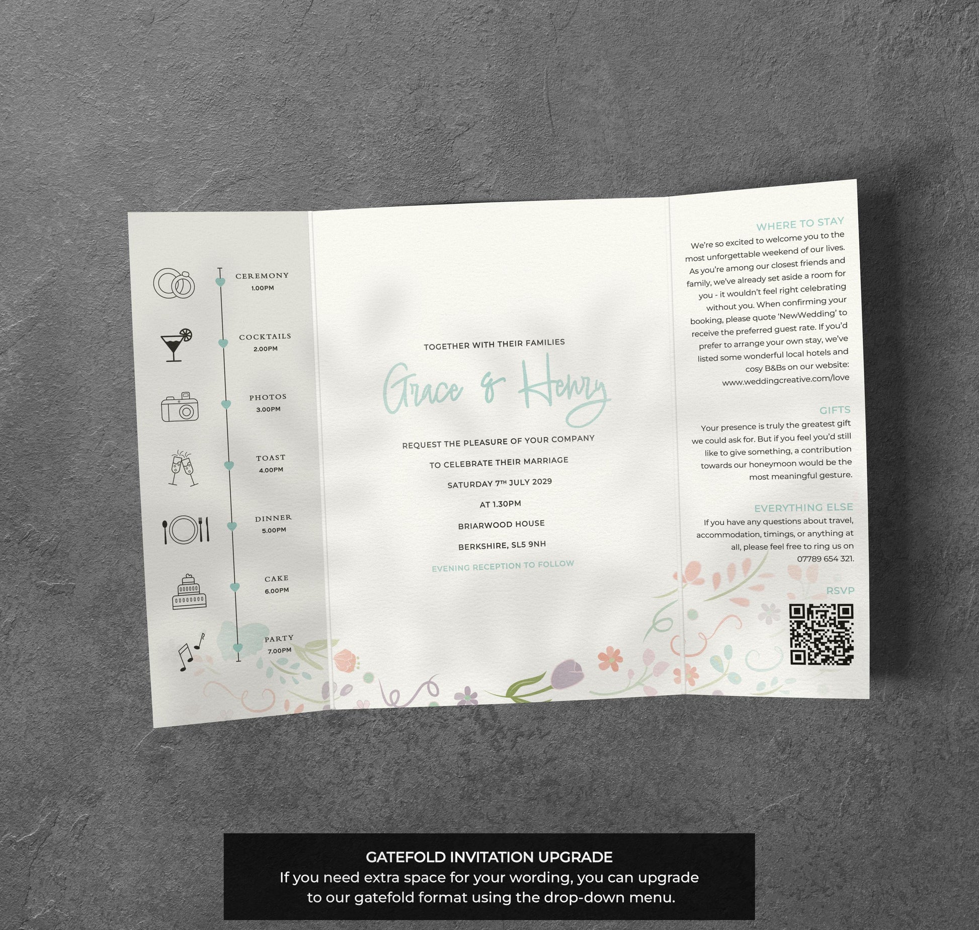 Pastel Floral Wedding Invitation – Whimsical Garden Design with Kraft Envelopes