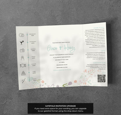 Pastel Floral Wedding Invitation – Whimsical Garden Design with Kraft Envelopes