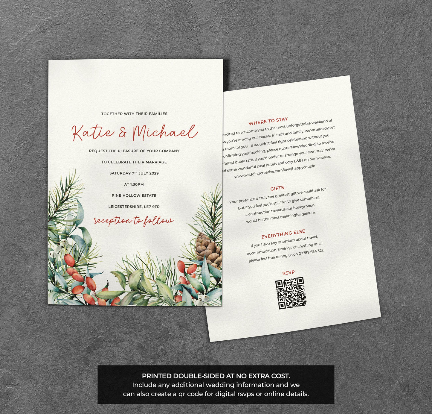 Winter Pine Wedding Invitation – Red Berries & Greenery Design with Kraft Envelopes