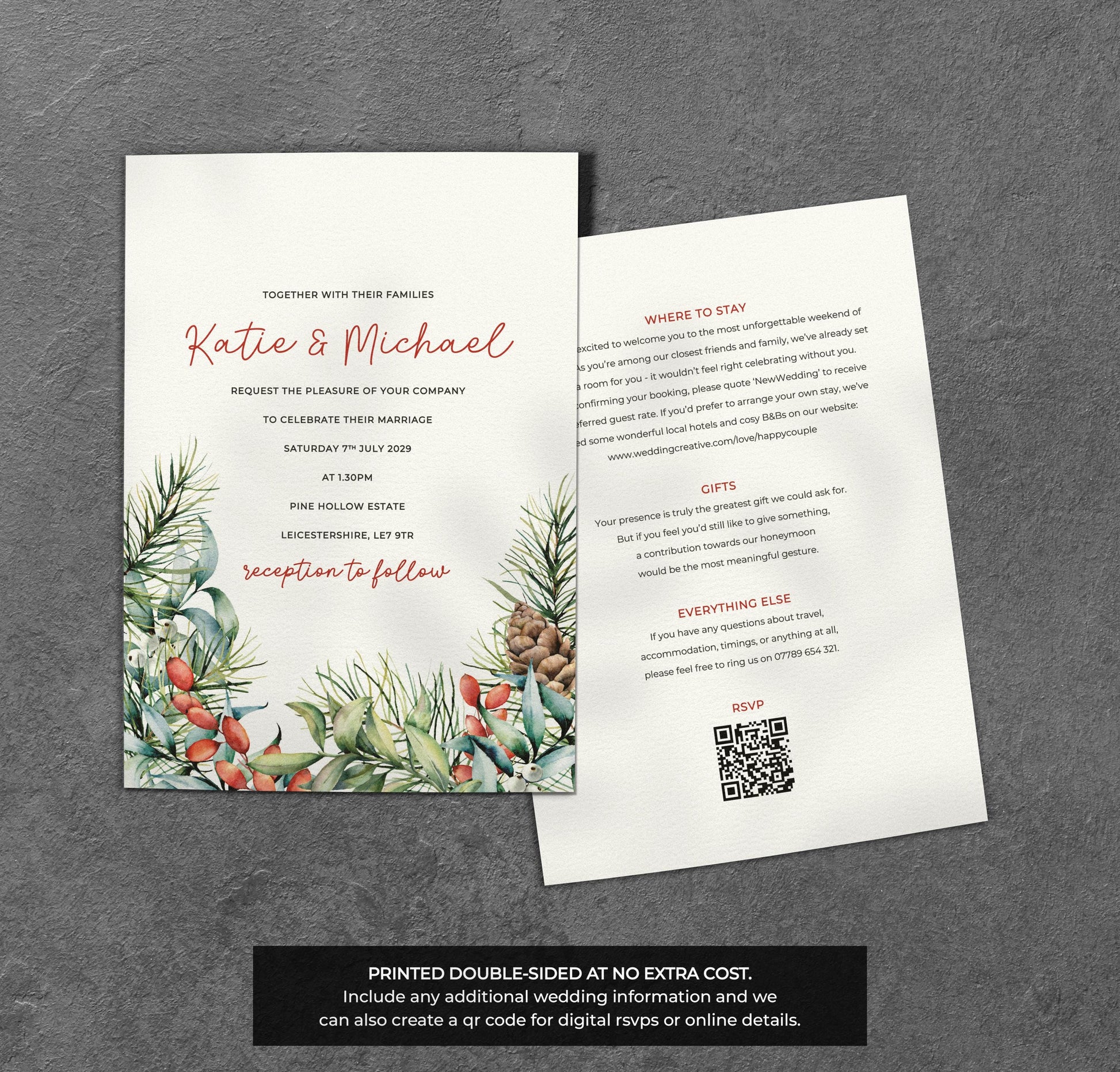 Winter Pine Wedding Invitation – Red Berries & Greenery Design with Kraft Envelopes
