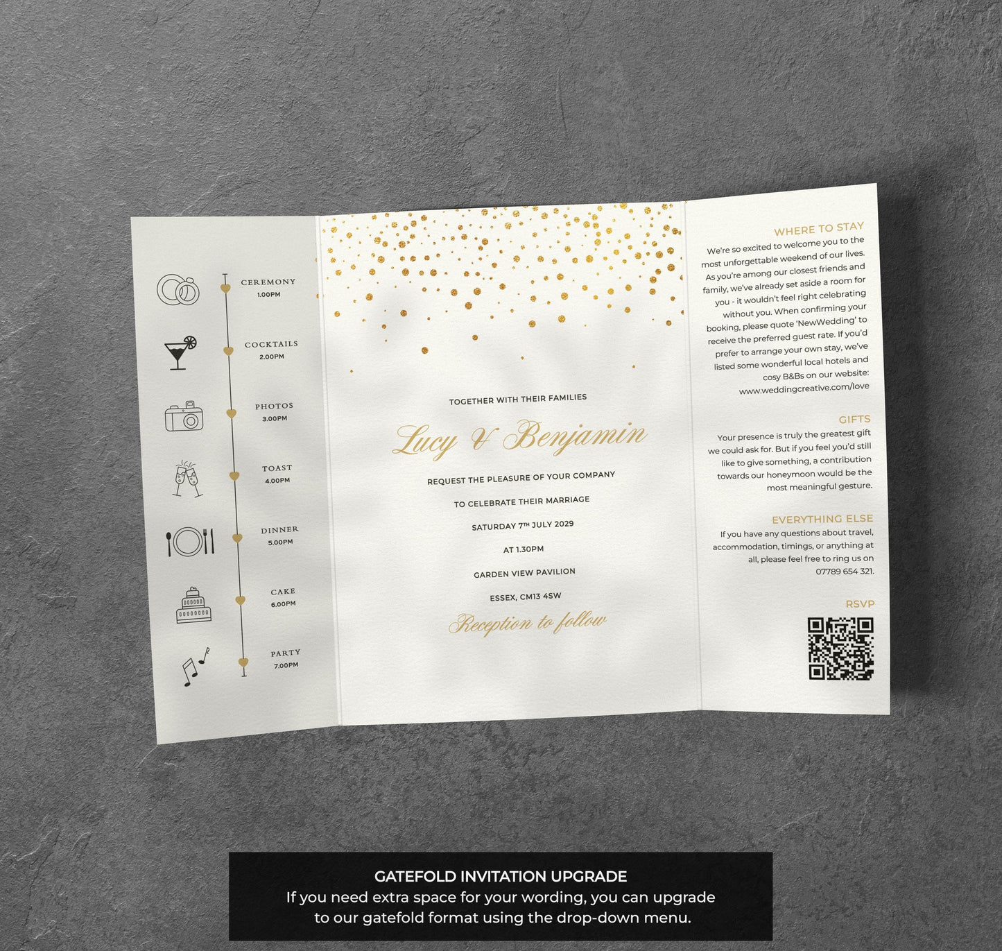 Gold Confetti Wedding Invitation – Modern Elegant Design with Envelopes