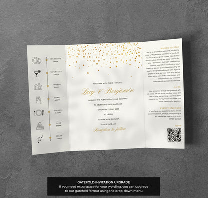 Gold Confetti Wedding Invitation – Modern Elegant Design with Envelopes