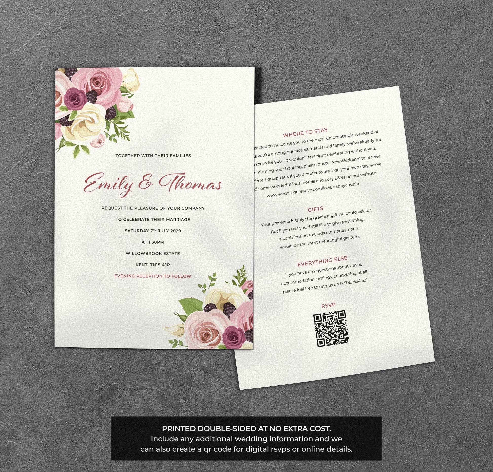 Blush Rose & Berry Wedding Invitation – Floral Border Design