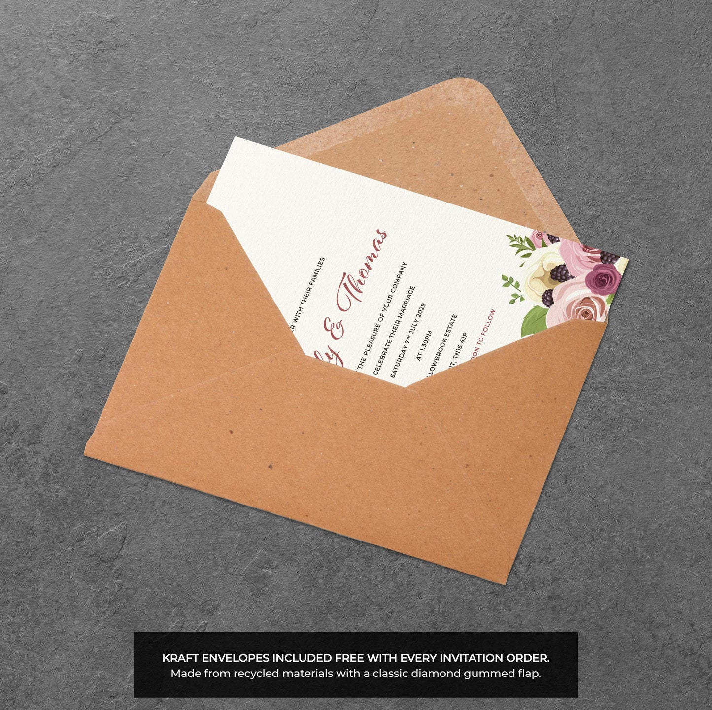 Blush Rose & Berry Wedding Invitation – Floral Border Design